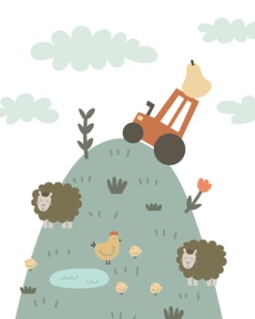 Cute cartoon farm landscape . Vector colorful illustration for kids, flat style. hand drawing. Baby design for cards, print, posters