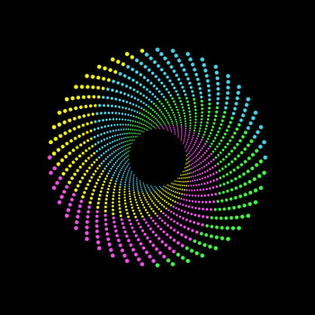 Green, pink, yellow, and cyan halftone swirl dots mosaic circle. Abstract dotted spiral vortex logo vector template.
