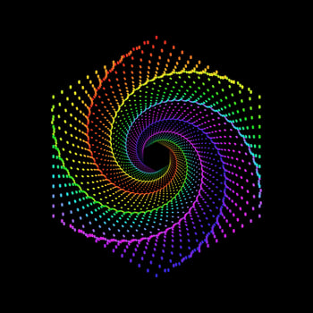 Red, yellow, green, cyan, pink, and purple dotted spiral vortex hexagon. Hexagonal swirl pattern dots logo symbol vector. vector