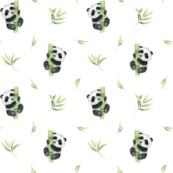 Cute panda is holding on to a bamboo stalk, bamboo leaves. Watercolor seamless pattern. Asian culture. For textiles, packaging, wallpaper, postcards. vector