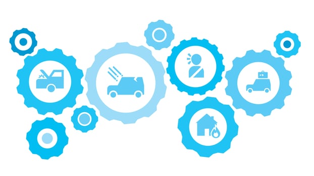 Connected gears and icons for logistic, service, shipping, distribution, transport, market, communicate concepts. Auto, car, insurance, travel gear blue icon set on white background vector