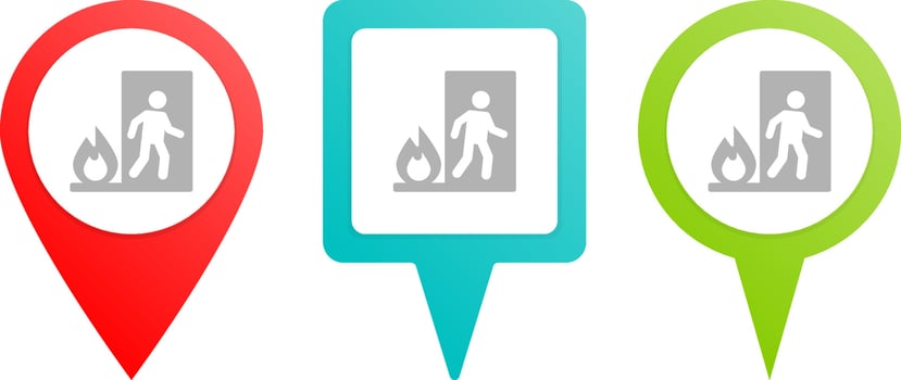 Emergency, evacuation, exit, insurance. Multicolor pin vector icon, diferent type map and navigation point. on white background