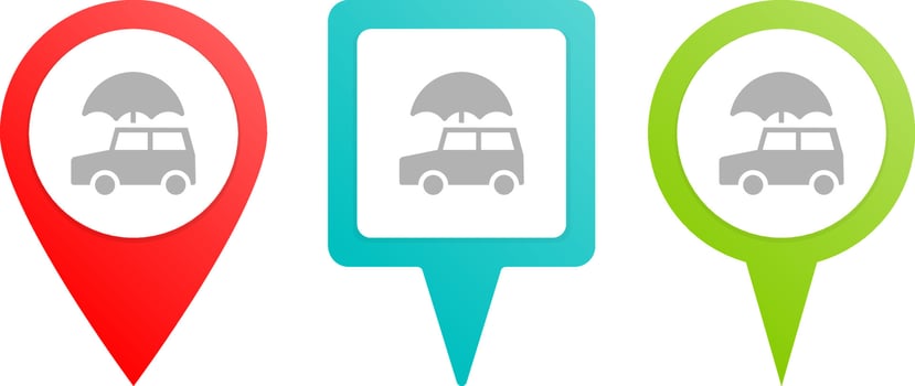Auto, car, insurance. Multicolor pin vector icon, diferent type map and navigation point