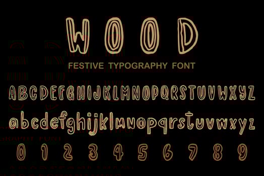 Wood festive typography font, Alphabet letters and numbers vector and illustration