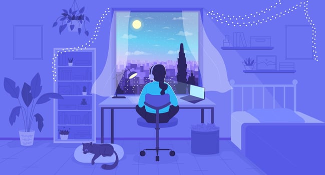 Girl doing homework with music in headphones flat color vector illustration