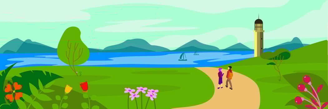 Summer travel adventure flat landscape. Sea island background. Hill, lighthouse. Enjoy the summer travel postcard. Summertime holiday voyage concept vector