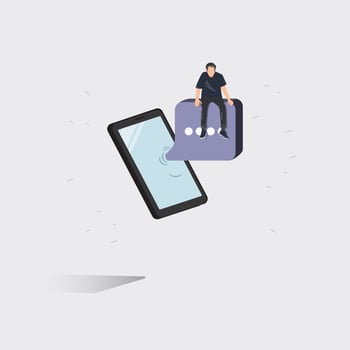 Mobile phone and man sitting on speech bubble illustration vector
