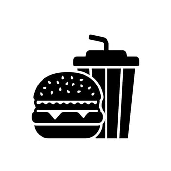 Burger icon filled with vegetables, cheese and meat or ham served with drink in glass and straw in fast food restaurant vector