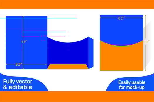 8.5x11 inch Rounded top shape Pocket or folder envelope die cut template 3D box vector