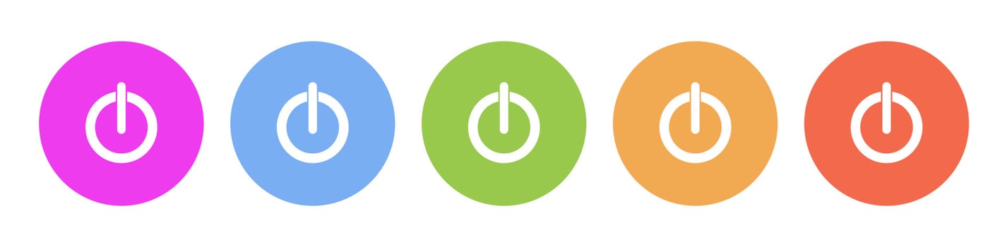 Multi colored flat icons on round backgrounds. Power button multicolor circle vector icon on white background