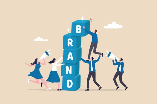 Build branding or brand awareness, marketing or advertising for company reputation, strategy to promote product or sales strategy concept, business people help building block with the word BRAND. vector