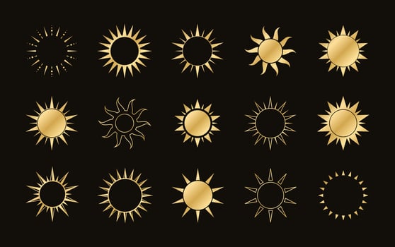 Golden boho celestial sun icon logo set. Simple modern abstract design for templates, prints, web, social media posts vector