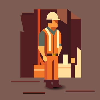 A cartoon of a construction worker wearing an orange hard hat and an orange hard hat vector