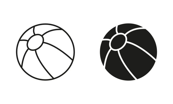 Beach Ball Black Silhouette and Line Icon Set. Ball for Play Sports Game Solid and Outline Symbol Collection on White Background. Isolated Vector Illustration.