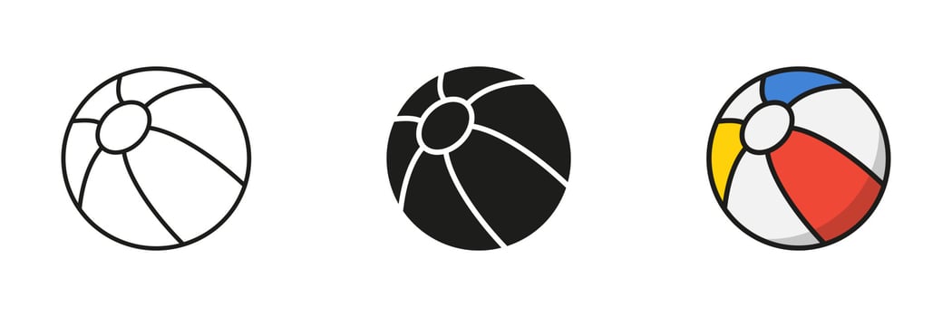 Beach Ball Black Silhouette and Line Icon Set. Ball for Play Sports Game Solid and Outline Black and Color Symbol Collection on White Background. Isolated Vector Illustration.