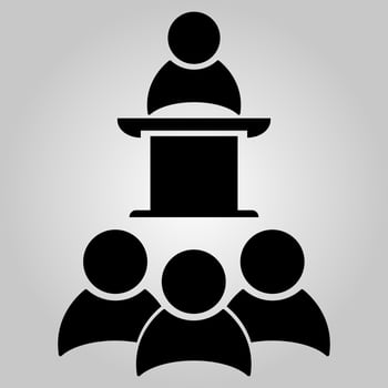 Business meeting, discussion. Public Speaker on the pedestal. Teamwork activity. White Collar Worker. Vector illustration