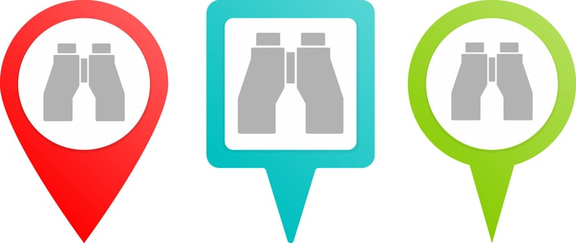 Binoculars pin icon. Multicolor pin vector icon, diferent type map and navigation point.