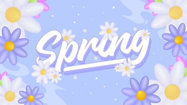 Spring lettering with flowers on blue background. Vector Illustration.
