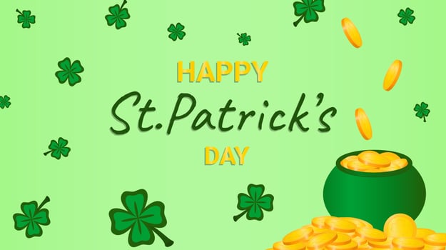 Vector illustration. Banner Happy St. Patrick s Day. Coins, bowler hat and clover.