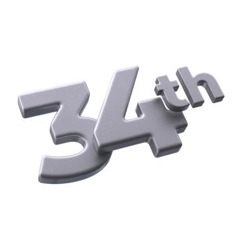 Number 34th 3D rendering with Silver color png