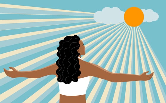 A tan woman under the sunlight for get more vitamin D from the sun, healthy living concept. flat vector illustration.