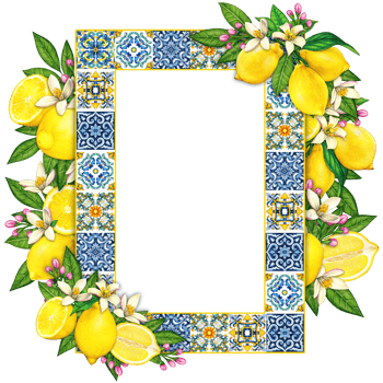Watercolor mediterranean frame with lemons and traditional tiles png