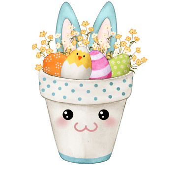 Watercolor cute bunny pot full of decorated eggs png