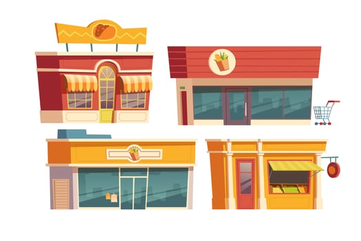 Fast food restaurant and shops building cartoon vector