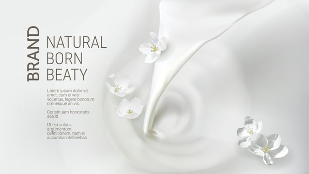 Poster with pouring milk, falling jasmine flower vector
