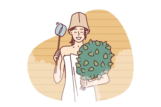 Girl stands in sauna with besom made of tree branches and ladle to adjust amount of steam during SPA procedures. Woman visiting Finnish sauna or hammam in spa center dressed in towel and hat vector