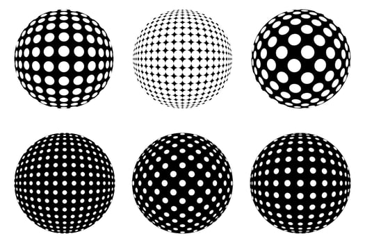 Set of Decorative Dotted spheres isolated. 3D style Abstract balls with circle patterns. Vector illustration