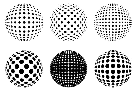 Set of Decorative Dotted spheres isolated. 3D style Abstract balls with circle patterns. Vector illustration