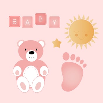 Baby shower banner with bear, sun, foot and text Baby on pink background. It s a girl. vector
