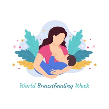 Breastfeeding illustration, mother feeding a baby with breast with nature and leaves background. Concept vector illustration in cartoon style. World Breastfeeding Week.