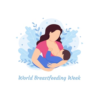 Breastfeeding illustration, mother feeding a baby with breast with nature and leaves background. Concept vector illustration in cartoon style. World Breastfeeding Week.