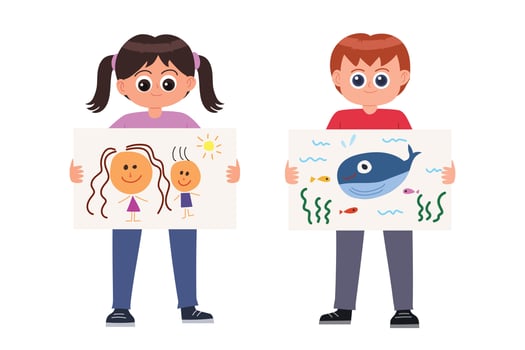 Cute kids holding drawing cartoon vector