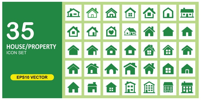Collection of 35 home or property icons. Collection set of house symbol in green. Suitable for home button design, UI, Web button and property design. vector