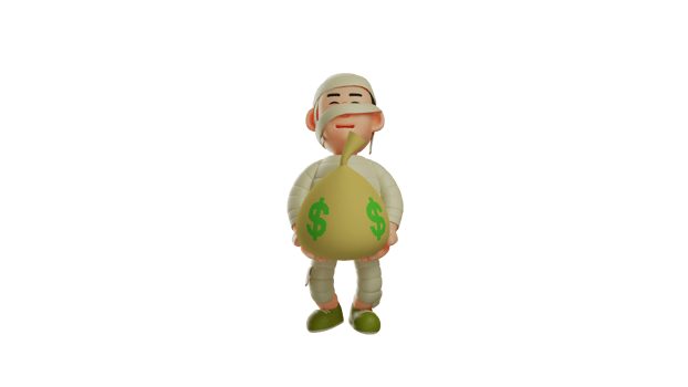 3D illustration. Rich Mummy 3D Cartoon Character. Rich mummy carrying a sack of money. The little boy wears a mummy costume and looks tired carrying a bag of money. 3D cartoon character png