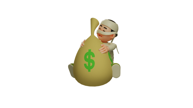 3D illustration. Adorable Rich Mummy 3D Cartoon Character. Mummy sits hugging a sack full of money. Little Mummy smiling happily. Cute mummy is happy. 3D cartoon character png
