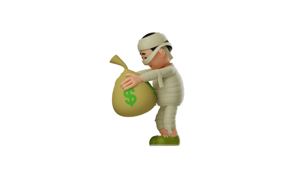 3D illustration. Good Mummy 3D Cartoon Character. The kind hearted Mummy will put a sack of money aside. Mummy hugs the money bag in emotion. Rich mummy has a very kind heart. 3D cartoon character png