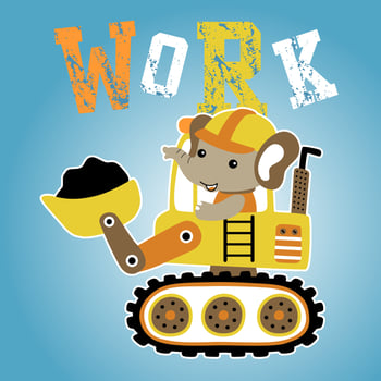 Cute elephant driving construction vehicle, vector cartoon illustration