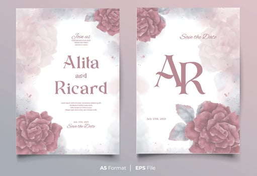 watercolor wedding invitation template with red flower ornament vector