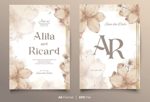 watercolor wedding invitation template with brown flower ornament vector