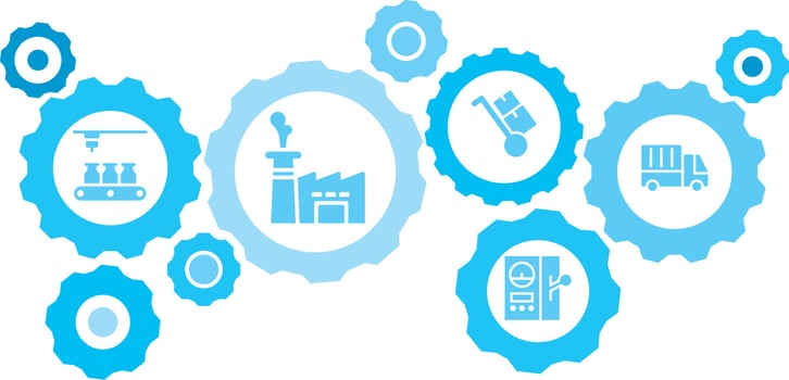 Connected gears and vector icons for logistic, service, shipping, distribution, transport, market, communicate concepts. Mass, production, delivery truck gear blue icon set on white background