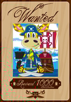 Cute Cartoon Swashbuckling Giraffe Pirate Captain Wanted Poster vector