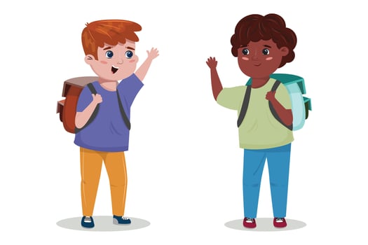 Two schoolboys greeting each other. School, education, team, diversity, friendship concept illustration with two boys. vector