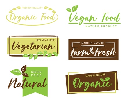 Set of organic, natural, farm fresh and healthy labels and badges for food and drink products. vector