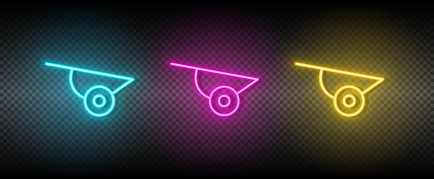 garden, pushcard vector icon yellow, pink, blue neon set. Tools vector icon on dark.