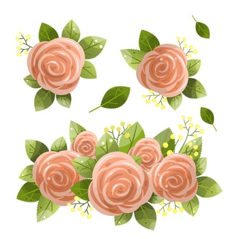 Pink vector roses and green leave elements set isolated on the white background for floral decoration.