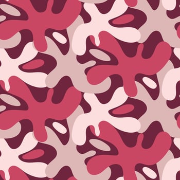 Abstract seamless pattern with various elements in the form of paint blots. Chaotic vector texture with ink shapes. Printing on textiles and paper. Background masking pink